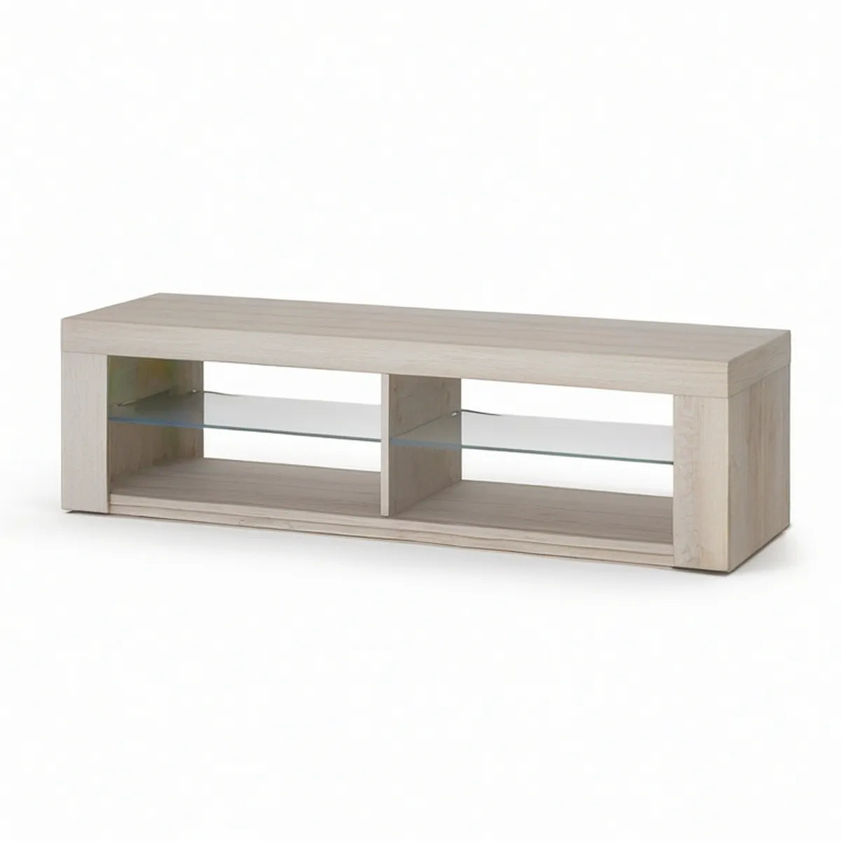 Light Oak Engineered Wood TV Stand with Clear Tempered Glass Shelves, 63 x 16 x 18 in