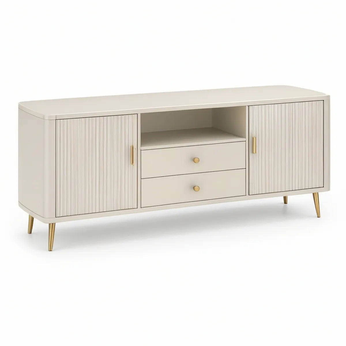 60 x 16 x 30 in Cream and Gold MDF TV Stand with Fluted Doors and Drawers