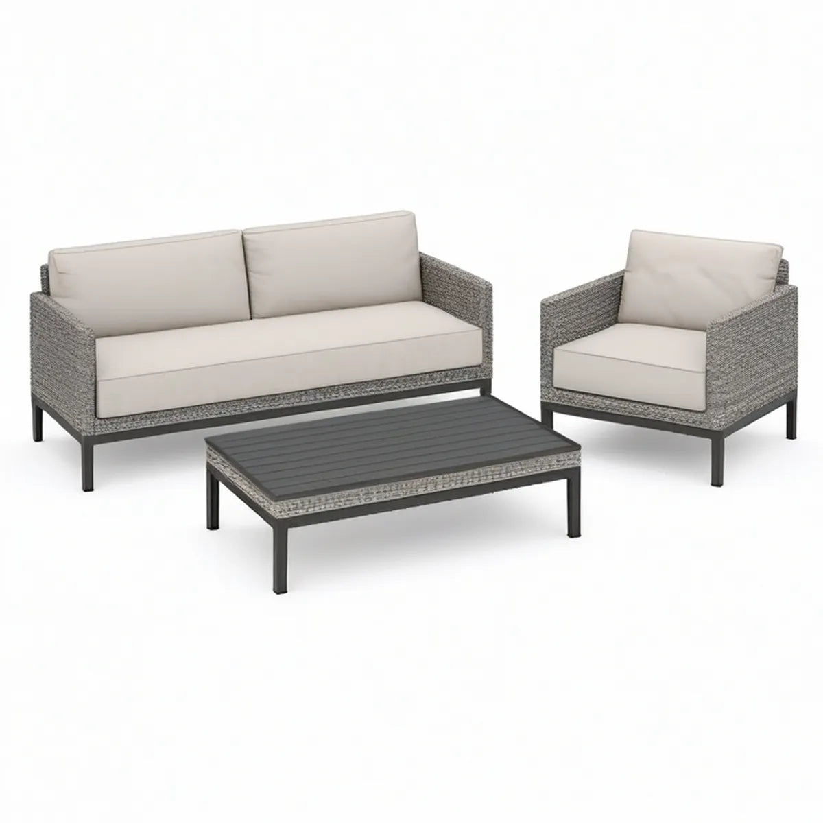 3-Piece Outdoor Patio Conversation Set with Gray Wicker, Black Frame and Beige Cushions, Loveseat 55.1 x 29.5 x 31.5 in