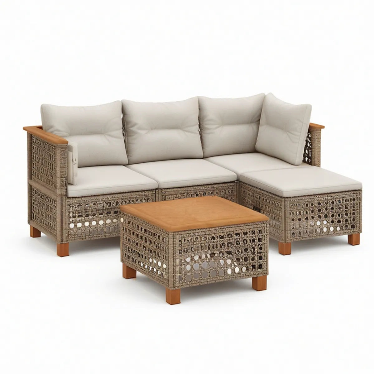 4-Piece Outdoor L-Shaped Sectional Sofa Set with Acacia Wood Coffee Table, Beige/Gray-Brown/Natural Brown, 206 x 142 x 75 cm