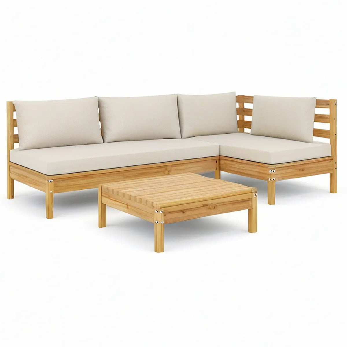 4-Piece Outdoor L-Shaped Solid Bamboo Sofa Set with Coffee Table, Natural/Cream, 200 x 135 x 60 cm