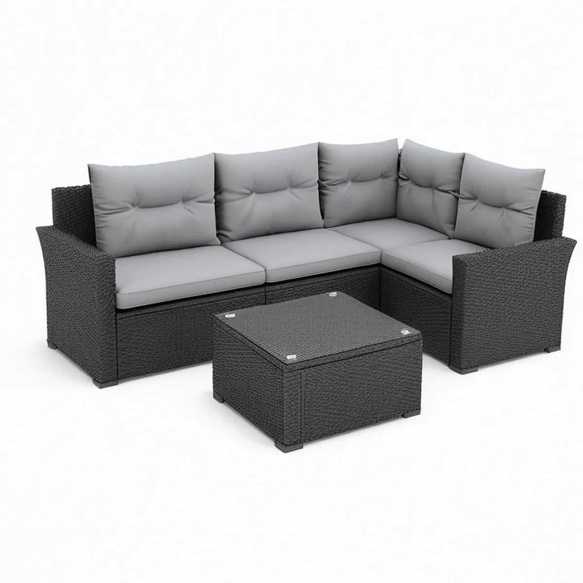Gray and Black L-Shaped Outdoor Rattan Sectional Set with Glass Coffee Table, 230 x 180 x 75 cm