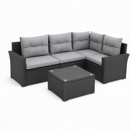 Gray and Black L-Shaped Outdoor Rattan Sectional Set with Glass Coffee Table, 230 x 180 x 75 cm