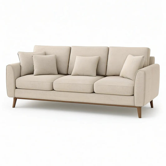 84 in. W x 35 in. D x 34 in. H Beige Polyester Upholstered 3-Seat Sofa with Loose Cushions and Brown Wood Legs