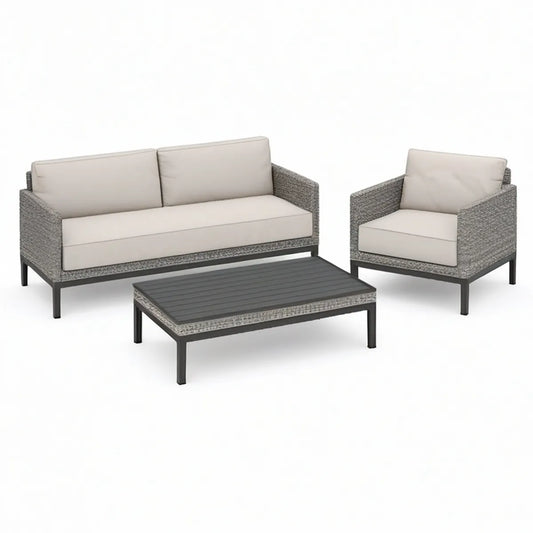 3-Piece Outdoor Patio Conversation Set with Gray Wicker, Black Frame and Beige Cushions, Loveseat 55.1 x 29.5 x 31.5 in