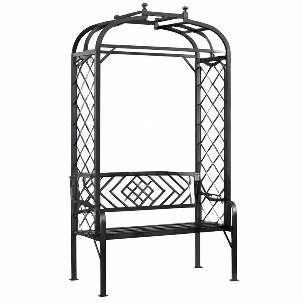 Black Powder-Coated Steel Garden Arbor Bench with Trellis, 45.3 x 23.6 x 82.7 in