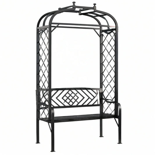 Black Powder-Coated Steel Garden Arbor Bench with Trellis, 45.3 x 23.6 x 82.7 in
