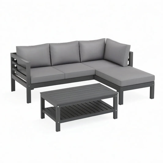 Outdoor Right-Chaise Sectional with Coffee Table, Dark Gray Aluminum Frame and Gray Polyester Cushions, 200 x 140 x 65 cm
