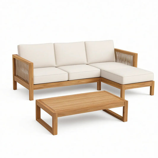 3-Piece Outdoor L-Shaped Teak Seating Set with Table, 220 x 150 x 76 cm, Natural Teak/Beige