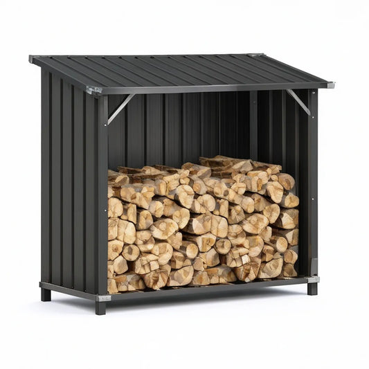 Black Galvanized Steel Outdoor Firewood Storage Shed, 89 x 40 x 63 in