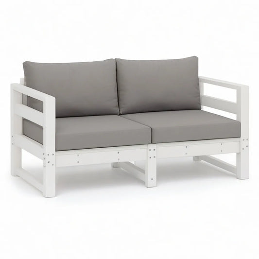 Outdoor 2-Seat Solid Pine Wood Sofa with Gray Polyester Cushions, White, 47.2 x 27.6 x 31.5 in