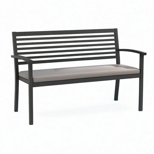 48 in Outdoor Powder-Coated Steel Bench with Gray Polyester Cushion, Black