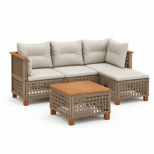 4-Piece Outdoor L-Shaped Sectional Sofa Set with Acacia Wood Coffee Table, Beige/Gray-Brown/Natural Brown, 206 x 142 x 75 cm