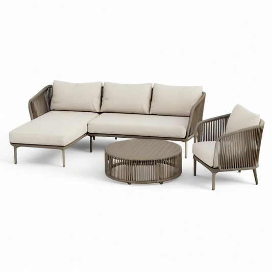 4-Piece Outdoor Patio Sectional Seating Set with Round Coffee Table, Taupe Frame and Beige Cushions, 108 x 65 x 30 in