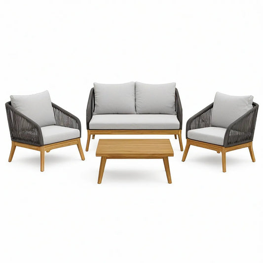 4-Piece Outdoor Patio Conversation Set, Natural Brown Acacia Wood Frame with Dark Gray Rope and Light Gray Cushions, Loveseat 50 x 28 x 30 in, Chairs 29 x 28 x 30 in, Coffee Table 39 x 24 x 17 in