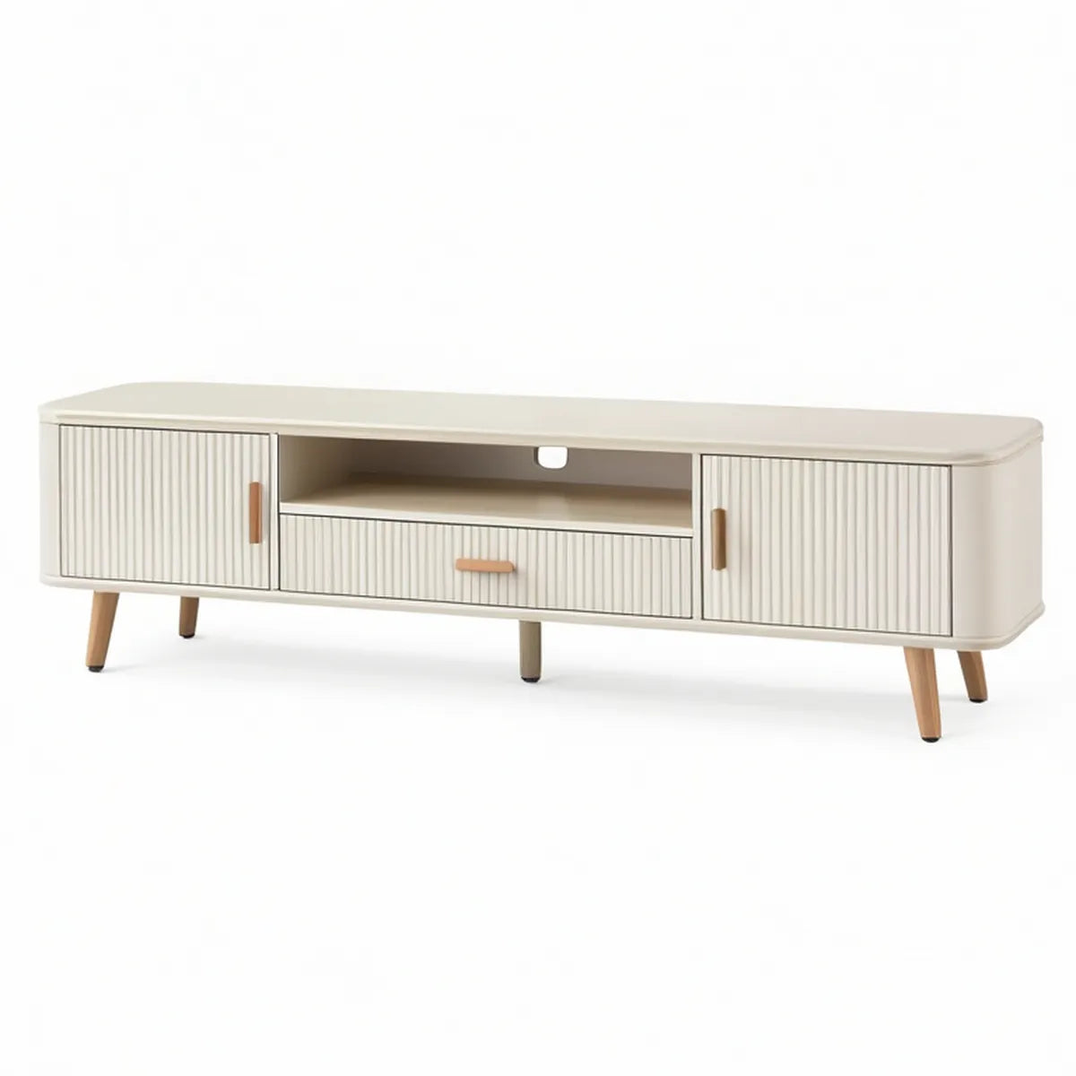 63 in Cream and Natural Wood MDF Media Console with Fluted Doors and Cable Management