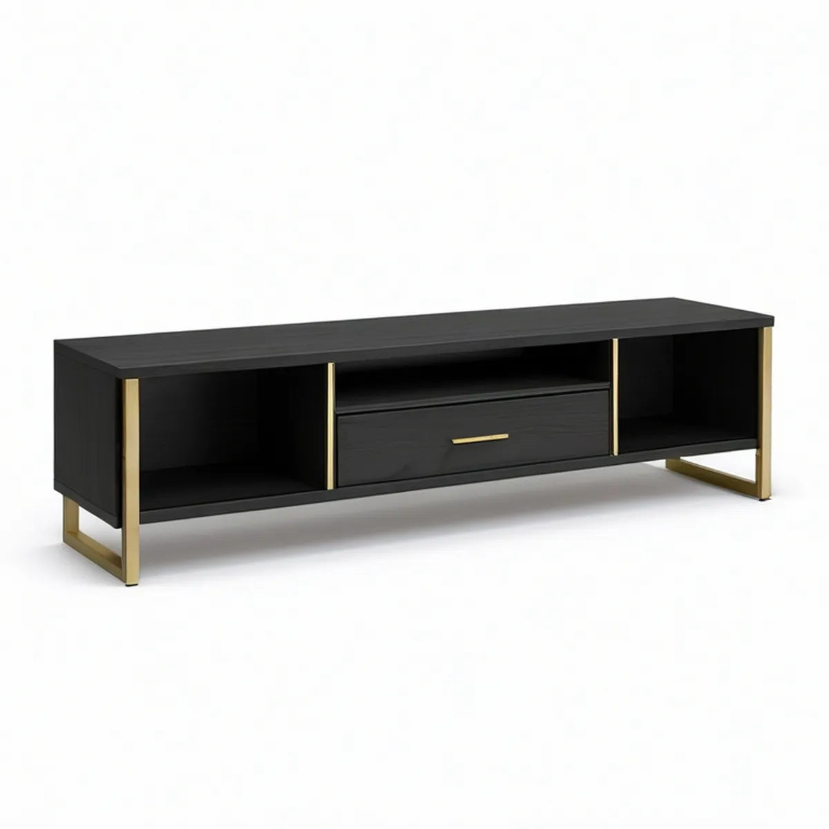 Black and Gold TV Stand Media Console with Drawer and 3 Open Shelves, 63 x 16 x 24 in