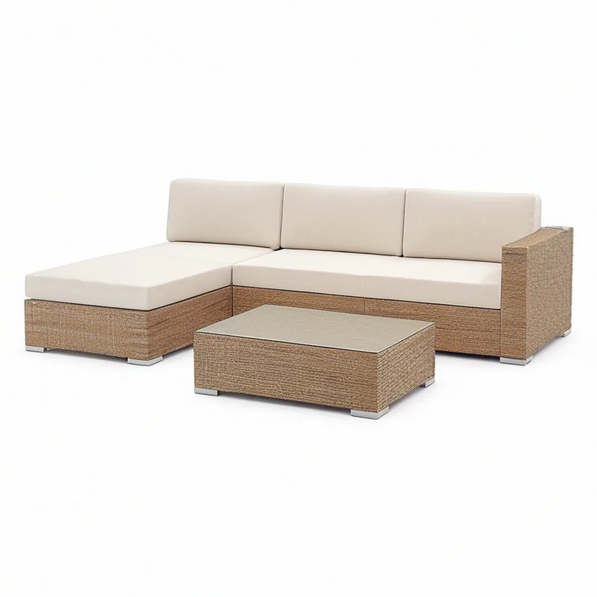 Outdoor PE Rattan Sectional Sofa with Chaise and Glass-Top Coffee Table, Natural Brown/Beige, 198 x 140 x 63 cm