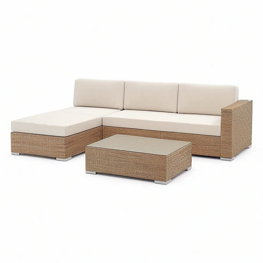 Outdoor PE Rattan Sectional Sofa with Chaise and Glass-Top Coffee Table, Natural Brown/Beige, 198 x 140 x 63 cm