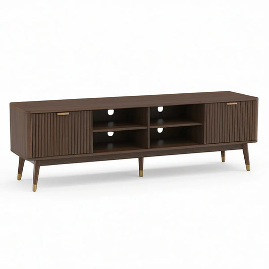 Dark Walnut TV Stand Console with Fluted Doors, Open Shelves and Cable Management, 70.9 x 15.7 x 23.6 in