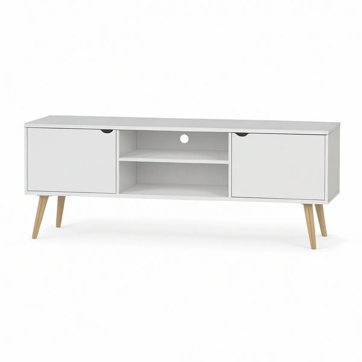 White and Natural Wood TV Stand with 2 Doors and Open Shelves, 47.2 x 15.7 x 19.7 in