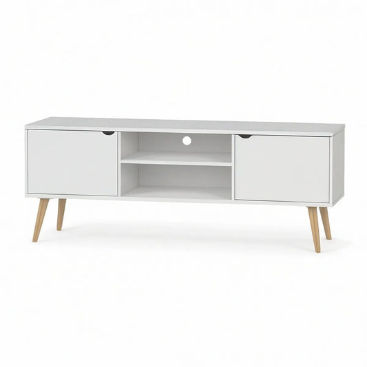 White and Natural Wood TV Stand with 2 Doors and Open Shelves, 47.2 x 15.7 x 19.7 in