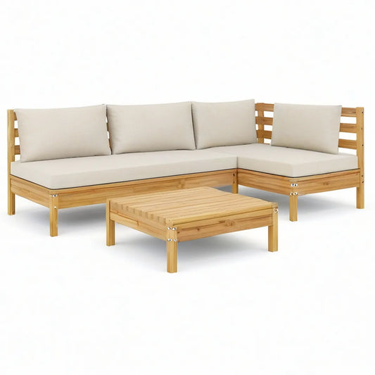 4-Piece Outdoor L-Shaped Solid Bamboo Sofa Set with Coffee Table, Natural/Cream, 200 x 135 x 60 cm