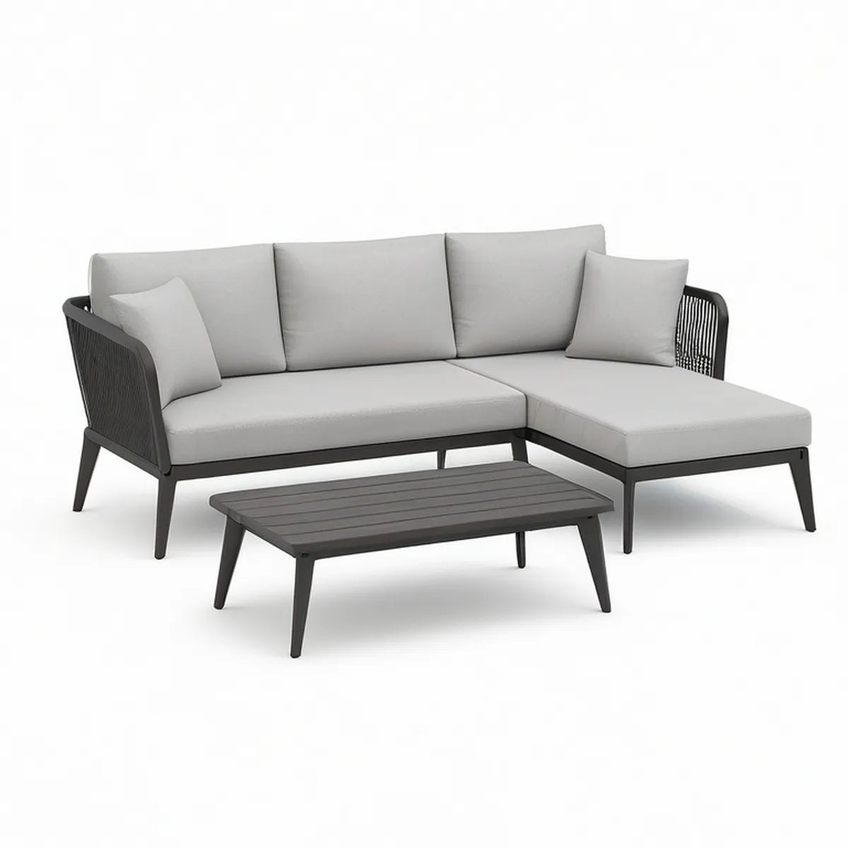 Outdoor L-Shaped Sectional Sofa Set with Coffee Table, 200 x 145 x 78 cm, Black/Light Gray