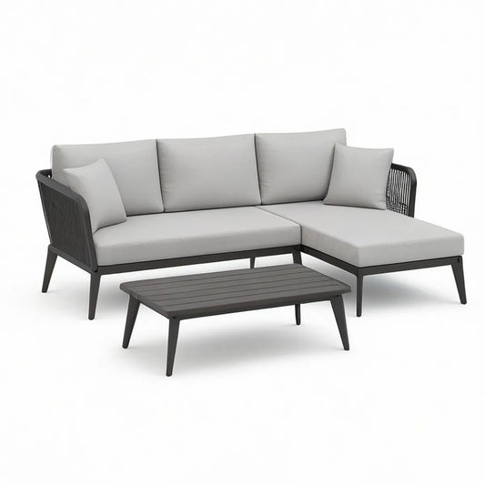 Outdoor L-Shaped Sectional Sofa Set with Coffee Table, 200 x 145 x 78 cm, Black/Light Gray
