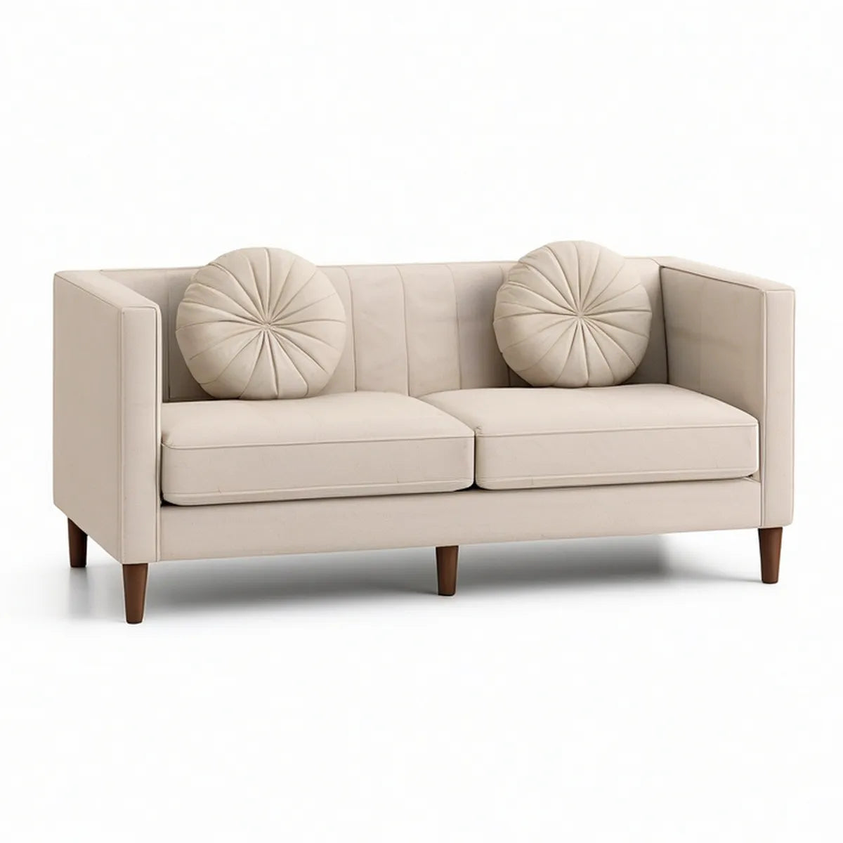 63 x 35 x 32 in Cream PU Leather Loveseat Sofa with Round Pillows and Brown Rubberwood Legs