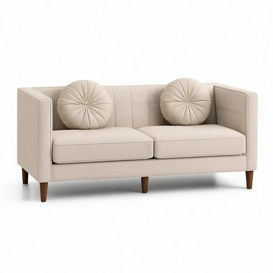 63 x 35 x 32 in Cream PU Leather Loveseat Sofa with Round Pillows and Brown Rubberwood Legs