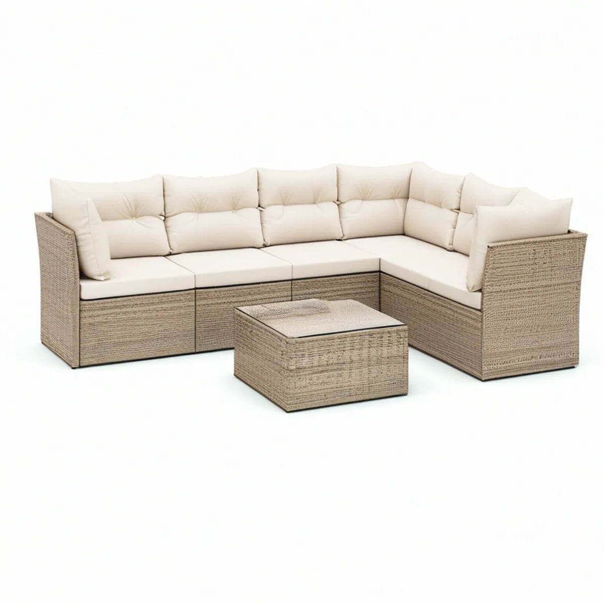 5-Piece Outdoor PE Rattan L-Shaped Sectional Set with Coffee Table, Beige/Ivory, 96 x 72 x 32 in