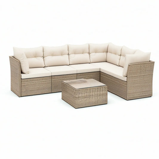 5-Piece Outdoor PE Rattan L-Shaped Sectional Set with Coffee Table, Beige/Ivory, 96 x 72 x 32 in