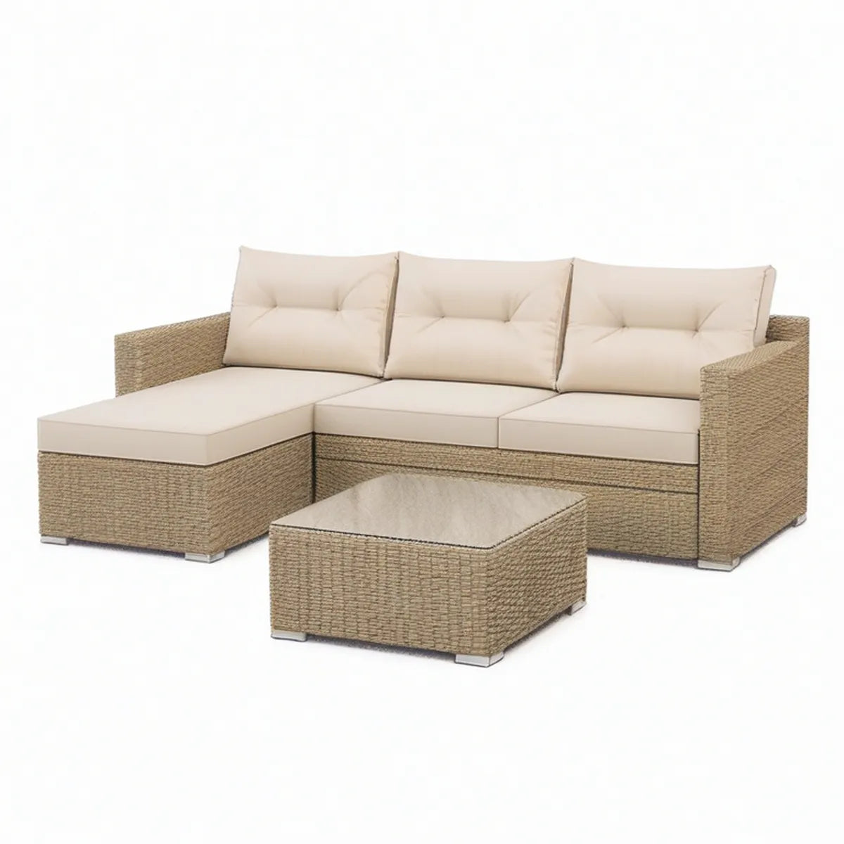 Outdoor PE Rattan Sectional Sofa Set with Left Chaise and Tempered Glass Coffee Table, Natural Beige/Clear, 200 x 140 x 65 cm