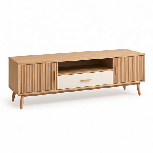 180 x 40 x 60 cm Natural Oak and White TV Stand with Fluted Doors, Drawer and Open Shelf