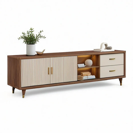 70.9 in Walnut Brown and Cream MDF Media Console with Sliding Doors, Drawers and Open Shelves